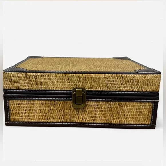 Decorative Wicker & Faux Leather Keepsake Box – Vintage Style Organizer - Picture 1 of 11